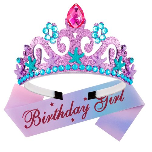 Canitor Mermaid Birthday Tiara, Crown, and Sash - Girl's Party Decorations and Favors with Headband