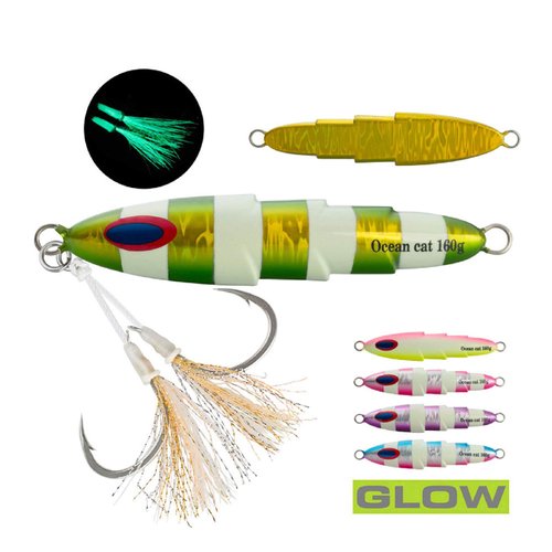 OCEAN CAT 1 PC Lead Metal Flat Slow Fall Pitch Fishing Jigs Lures Sinking Vertical Jigging Painted Spoons Bait with Butterfly Hook for Saltwater Fishing (Green&Gold, 160g)