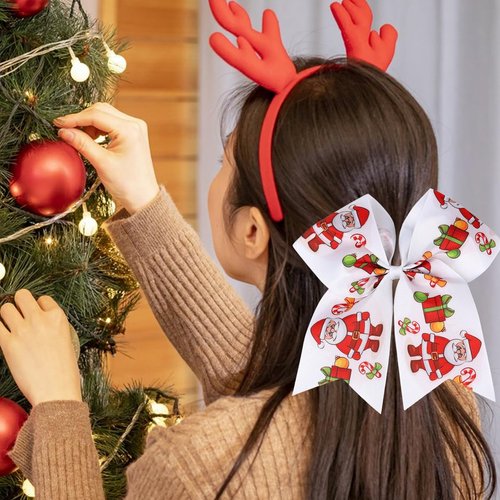 Cheer Hair Bow Ties with Elastic Printed Grosgrain Ribbon 7 Inch Red Christmas Old Man Gift Ponytail Holder Handmade Cheer Bow Hair Ties for Girls and Women Headdress Decor 1PCS