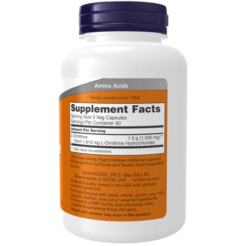 NOW Foods Supplements, L-Ornithine (L-Ornithine Hydrochloride) 500 mg, Amino Acid, 120 Veg Capsules