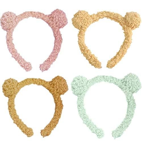 DOZAHOTU 4 Pcs For Teen Girls Pink Yellow Brown Green Wide Headband Hair Headbands with Bear Ears Cute Makeup Hairbands for Women Girls Kids