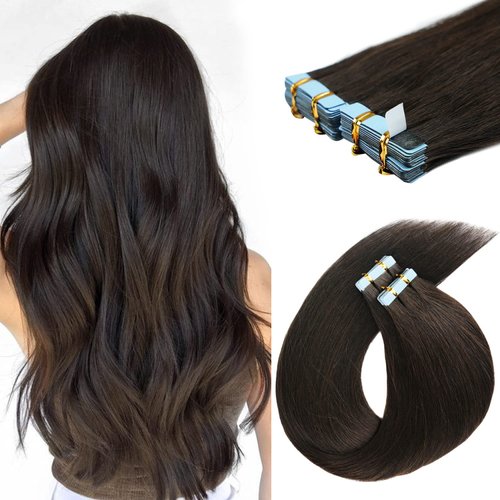 18 inch Tape in Hair Extensions Human Hair Invisible Straight Tape Hair Extensions for Women 20 Pcs/50g Seamless Skin Weft #2 Dark Brown Real Hair Extensions Tape ins Human Hair