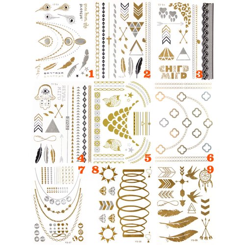 (Random Send) Waterproof Metallic Temporary Tattoos, Flash Fake Tattoo Stickers For Outdoor Body Arm Decoration Gold and Silver Color (1 Sheet)