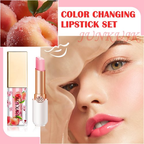 JunKuJK 2PCS Lip Oil and Color Changing Lipstick Set,Magic Jelly PH Lipstick,Moisturizing Color Change Lipstick,Lip Stain Long Lasting Waterproof Tinted Lip Balm Set,Hydrating Lip Glow Oil for Women