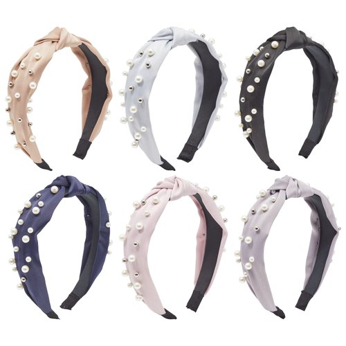 Glamlily Pearl Knot Headbands for Women and Girls, Fashion Headbands with Pearls (6 Colors, 6 Pack)
