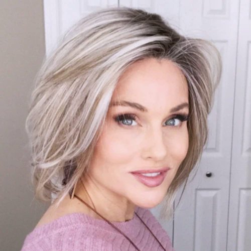 XIUFAXIRUSI XIUFAXIRUSI Grey Short Bob Wigs for White Women Mixed Brown Bob Wig Ombre Silver Straight Bob Wig Heat Resistant Synthetic Hair Wig