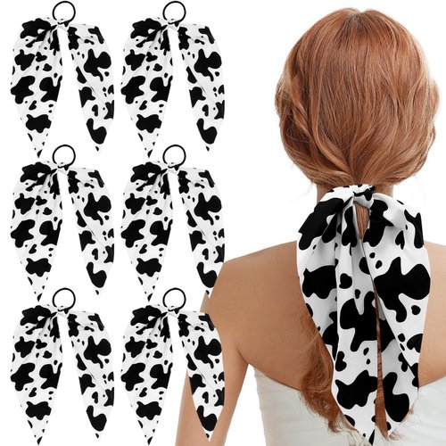 6 Pcs Cow Print Hair Bands Bowknot Elastic Hair Ties Rabbit Bunny Ear Bow Hair Scarf Scrunchies P...