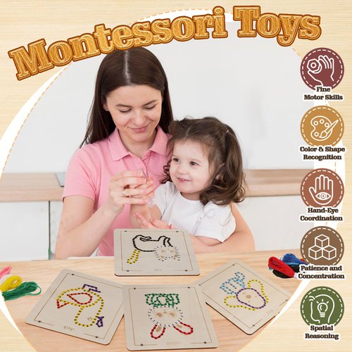Montessori Wooden Lacing Toys for Toddlers and Kids Ages 2-4 5-7, Sewing Kit Fine Motor Skill Busy Board, Education Sensory Preschool Toy for 1 2 3 4 Year Olds, Birthday Gift for Boys and Girls