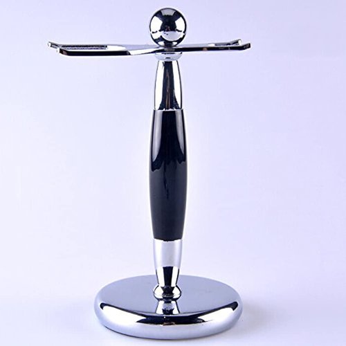 Deluxe Stainless Steel Shaving Brush Stand Holder for Razor & Brush Weighted Base Black Handle