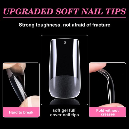 HIOTIOL Medium Square Nail Tips, 552Pcs Soft Gel Full Cover Nail Tips for Soak off Nail Extensions, Half Matte Clear False Gel Nail Tips for Nail Salons and DIY Nail Art, 12 Sizes