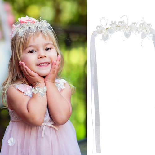 Paderison White Flower Girl Headband Princess Crystal Headpiece 5.4 Inches Wrist Flower Crown Bri...