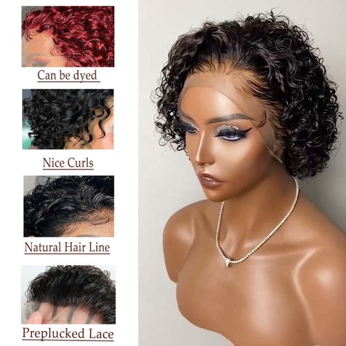 INSTASTYLE Short Curly Pixie Cut Lace Front Wigs 6 inch, 13X1 Human Hair HD Lace Front Wigs Plucked for Women 6 Inch, Natural Black
