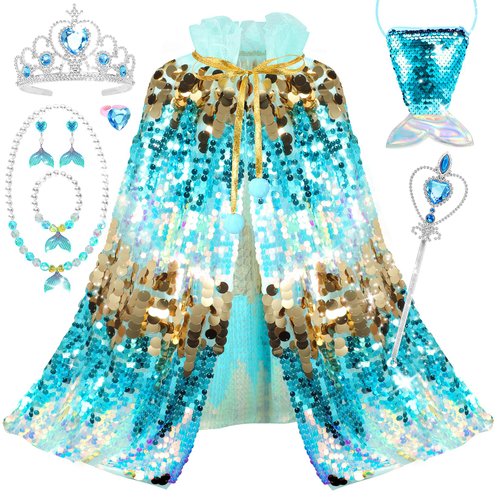 LIMIROLER Princess Dress Up Toys Mermaid Dress Up Cape Kit 9 Pcs Gift Set for Little Girls 3-8 Years Old, Princess Dress Up Clothes Set Gift for Birthday Christmas Party Halloween (Blue)