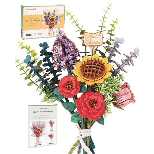 Wowood 3D Wooden Puzzles Flower Bouquet Model Kit Building Set for Adults, Wooden Flower Building Toy Botanical Collection, Creative Gift Idea Home Decor(Sunflower/Red Camellia/Pink Rose/Lilac)
