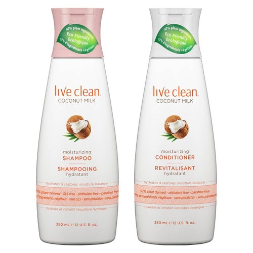 Live Clean Coconut Milk Moisturizing Shampoo and Conditioner, 12 oz each with Certified Organic Coconut Extract and Oil, Petrolatum-free, Phthalate-free and Paraben-free