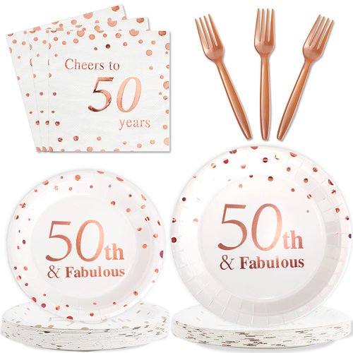 50th Birthday Decorations 50 and Fabulous Birthday Plates and Napkins Women Rose Gold Cheers to 50 Anniversary Party Disposable Tableware Set, 96Pcs Plates Napkins Forks for Women Girl Party Supplies