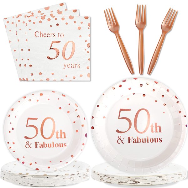 50th Birthday Decorations 50 and Fabulous Birthday Plates and Napkins Women Rose Gold Cheers to 50 Anniversary Party Disposable Tableware Set, 96Pcs Plates Napkins Forks for Women Girl Party Supplies