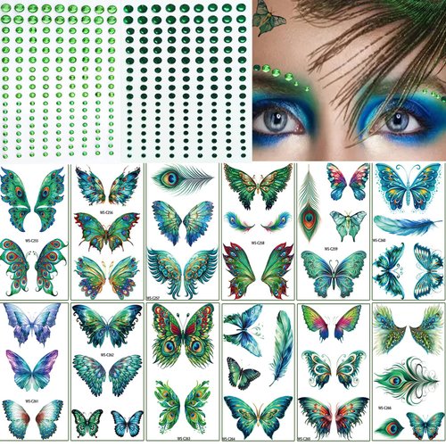 14PCSGlitter Butterfly Peacock Feather Makeup Temporary Tattoos Sticker Waterproof Fake Tattoos for Women Cosplay Masquerade Party Eye Decor Supplies