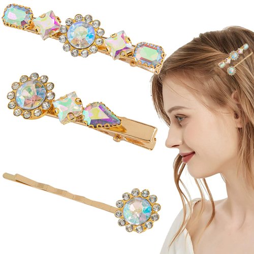 3Pcs Vintage Colourful Rhinestones Hair Clips, Duckbill Alligator Hair Pins, Crystal Pearl Hair Barrettes, Elegant Metal Bobby Hairpin Hair Accessories Headwear Styling Tools for Women Girls