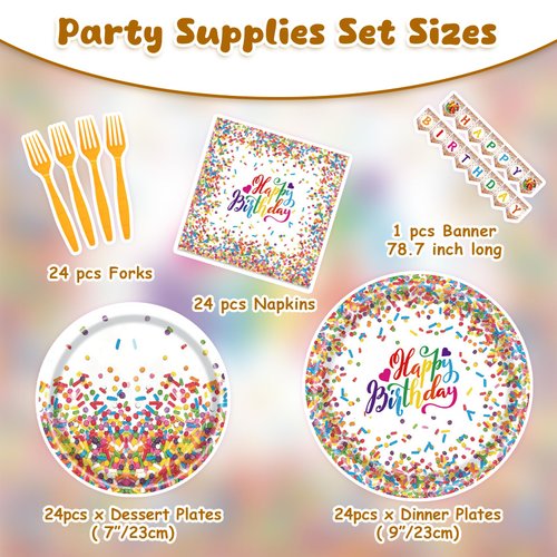 Confetti Sprinkles Theme Party Supplies Kit for 24 Guests - 97 Pcs Including Plates, Forks, Napkins, Bunting - Happy Birthday Decorations & Favors