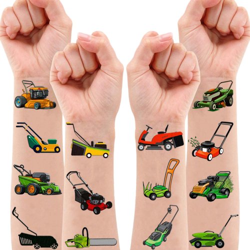 100 PCS Lawn Mower Temporary Tattoos Themed Birthday Party Decorations Favors Decor Supplies Tractor Lawnmower Grass Farm Tattoo Stickers Gifts For Game Kids Boys Girls Classroom School Prizes