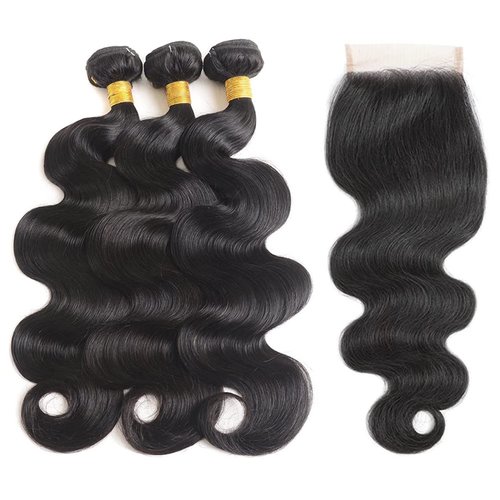 Bundles with Closure Human Hair Body Wave 12 14 16+10 Inch 100% Unprocessed Brazilian Virgin Human Hair 3 Bundles with Closure Human Hair Extensions with 4x4 Free Part Lace Closure Natural Black