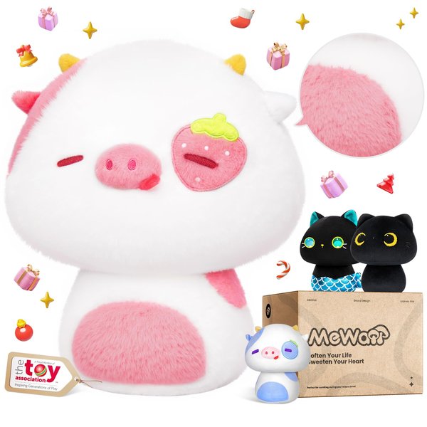 Mewaii Squishy Cloud-Like Softness, Trending Kawaii Strawberry Cow Mushroom Plush Pillow, A Must-Have Collectible for Young Adults, Perfect for Kids, Toddlers Girls, Stuffed Animal (8")