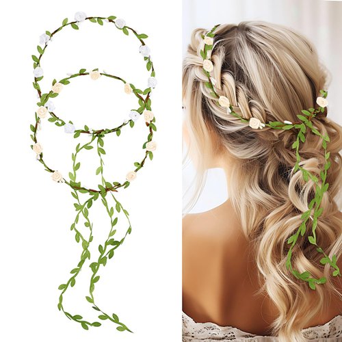 Andibro Flowers Crown Floral Garland,2pcs Headband Rose Flower Wreath Handmade Bohemian Style Headdress for Fun Day Out Bridal Headwear Party Festivals Hair Accessories(White+Yellow)