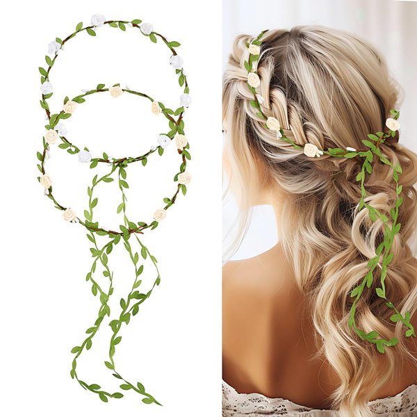 Andibro Flowers Crown Floral Garland,2pcs Headband Rose Flower Wreath Handmade Bohemian Style Headdress for Fun Day Out Bridal Headwear Party Festivals Hair Accessories(White+Yellow)