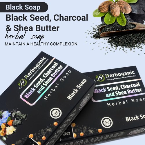HERBOGANIC Black Seed, Charcoal and Shea Butter Herbal Soap | Natural Bar Soap for Face and Body | Purifying and Nourishing | Infused with Black Seed, Charcoal and Shea Butter | 5 Oz - (Pack of 3)