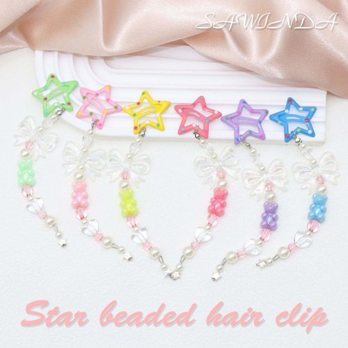 SAWINDA 6 Pack Star Hair Clips Colorful Snap Hair Barrettes Y2K Beaded Butterfly Bear Pearl Pendant Hair Clips Jewelry Acrylic Resin Love Beads Hair Accessories for Women and Girls