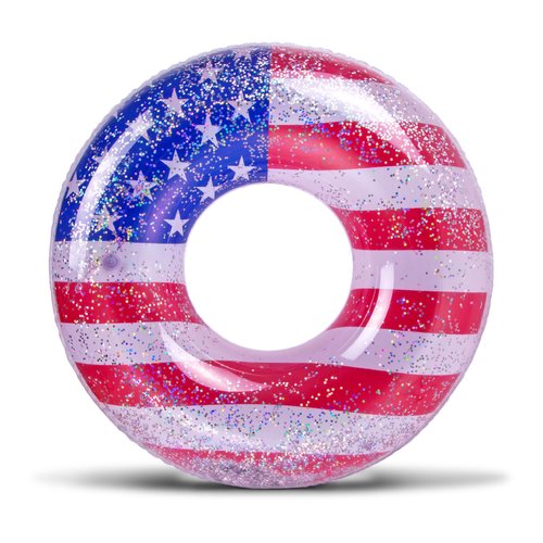 Inflatable USA Pool Float - Luxurious Ring Pool Float with Sparkling Silver Stars Confetti with Cute American Flag Pool Float Design, Perfect 4th of July Pool Float for Beach, Lake, and Pool - 36 Inch