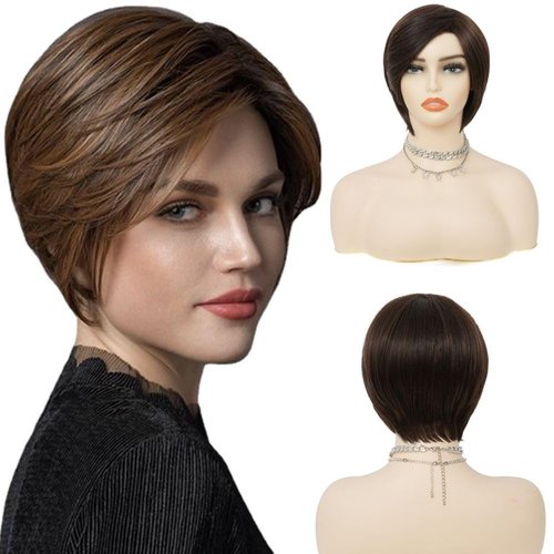 Salaibs Brown Short Wigs for Women Natural Looking Side Part Full Wig Synthetic Dark Brown Hair Wig for Daily Use