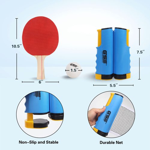 GSE Ping Pong Paddle Set, Portable Table Tennis Set with Retractable Ping Pong Net & Post, 2 Paddles & 3 Ping Pong Balls, Anywhere to-Go Ping Pong Game Set for Any Tables(Blue)