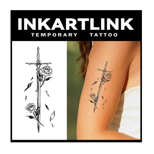 INKARTLINK Tattoo Tech, 2 Sheets Medium Semi Permanent Tattoo, Adult Art Design Temporary Tattoos, Lasts 1-2 Weeks, Waterproof, Realistic Look (Floral Language Series: Sword Design)