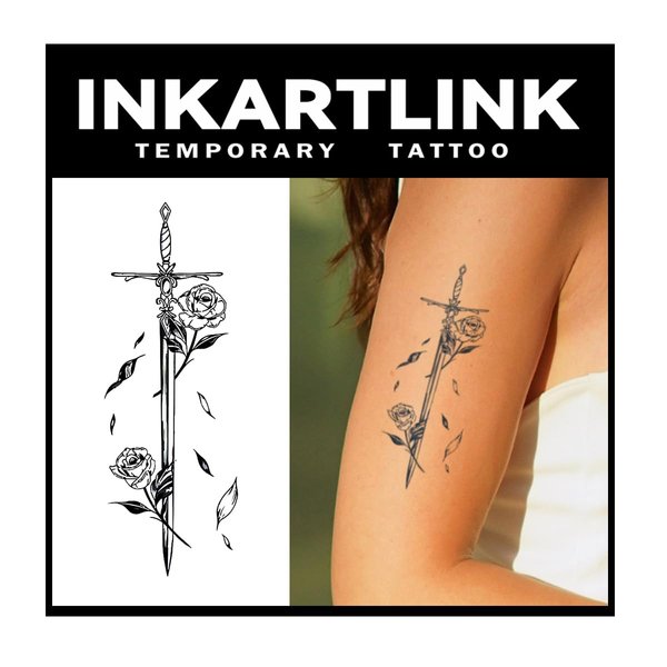 INKARTLINK Tattoo Tech, 2 Sheets Medium Semi Permanent Tattoo, Adult Art Design Temporary Tattoos, Lasts 1-2 Weeks, Waterproof, Realistic Look (Floral Language Series: Sword Design)