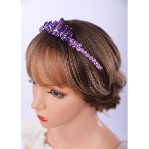 Teyglen Purple Raw Crystal Quartz Headband Clear Crystal Headband Moon Goddess Hair Band Hoop Mermaid Witch Bride Headpiece Hair Accessories for Women Girls (Purple)