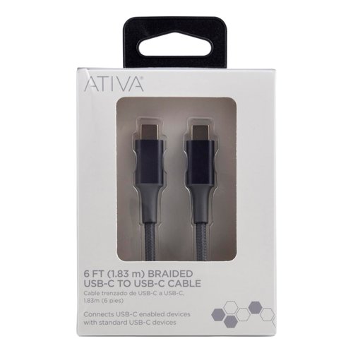 ATIVA® USB-Type-C-to-USB-Type-C Premium Braided Charging Cable, 6', Gray, 45833