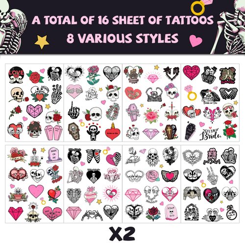 192 PCS Til Death Do Us Temporary Tattoos Stickers Gothic Halloween Sticker for Bridal Shower Supplies Bride or Die Bachelorette Party Decorations Gifts Ideal Prizes Valentine (16 Sheet)