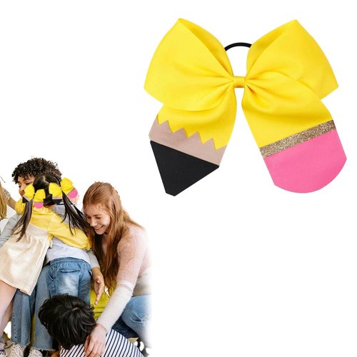 Back to School Hair Ties Bow Yellow Pencil Hair Tie Scrunchies Big Cheer Bow Ponytail Holder Elas...