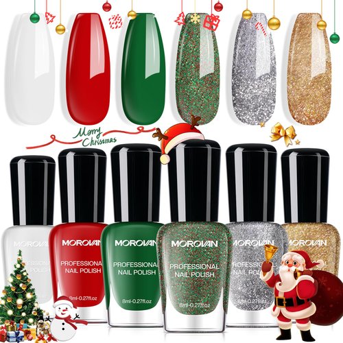 Morovan Christmas Nail Polish Set: Glitter Red Green Gold Silver Winter Fingernail Polish Kit Regular Air Quick Dry Nail Polish Pack for Holiday Party Gift