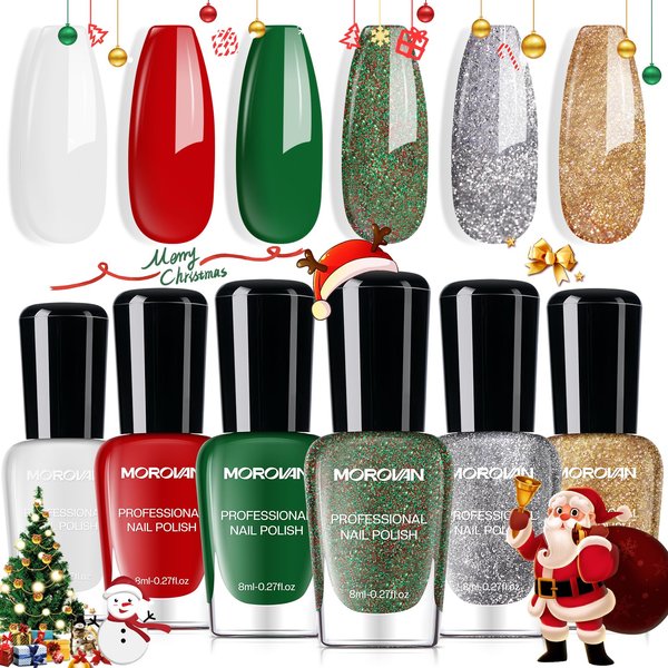 Morovan Christmas Nail Polish Set: Glitter Red Green Gold Silver Winter Fingernail Polish Kit Regular Air Quick Dry Nail Polish Pack for Holiday Party Gift