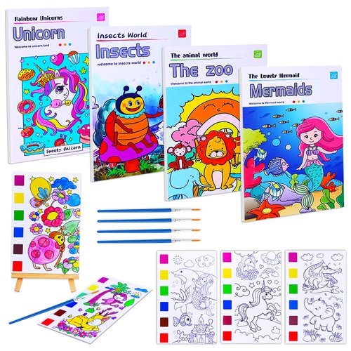 JUNQIU Paint with Water Books for Kids, Watercolor Painting Coloring Books for Toddlers, Magic Paint Set for Kids, Art Craft Kits for Girls Boys Drawing with Brush(4Pack)