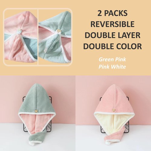 ALPELA Microfiber Hair Towel Wrap for Women, 2 Pack Coral Velvet Turban Towel, Anti Frizz Quick Drying Hair Turban, Super Absorbent Fast Dry for Curly Thick Long All Hair Style Types, Green Pink White