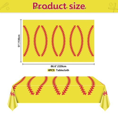 Hegbolke 4 Pack Softball Tablecloths - 86.6" x 51.2" Softball Party Table Cover Rectangular Softball Pattern Table Cloth for Girls Fans Sports Softball Birthday Party Supplies
