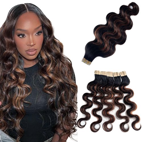 Tape in Hair Extensions Human Hair Body Wave Natural Black Hair Extensions Real Human Hair Balayage Chocolate Brown Highlights Tape in Hair Extensions 16 Inch 50g/pack 20pcs Tape for Hair Extensions