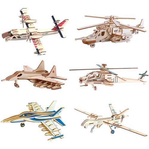 3D Wooden Puzzle - 6 Piece Set Aircraft & Helicopter Wooden Crafts Assembly Building Model Kits - Wood Aircraft & Helicopter STEM DIY Brain Teaser Puzzle for Kids and Adults Teens Boys Girls