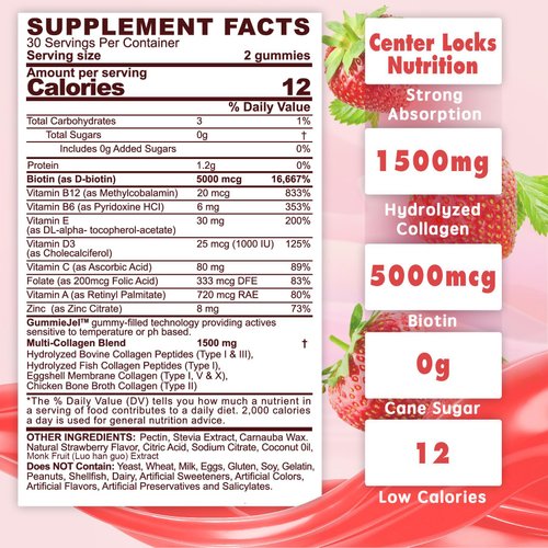 Sugar-Free Hydrolyzed Collagen Peptide Filled Gummies,Extra Strength 1500mg Protein Type I,II,III,V,X with 5000mcg Biotin Vitamin C A E D3 B6 B12 for Immune Digestion Skin Hair Nails Energy Bone Joint
