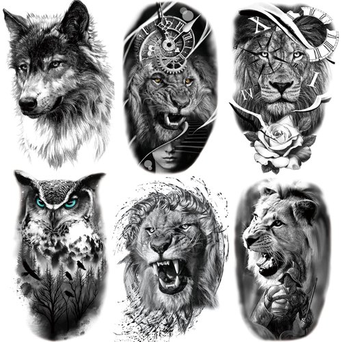 Kotbs 6 Sheets 3D Animal Temporary Tattoos for Women Men, Waterproof Fake Realistic Tatoos Cool Wolf Tiger Lion Pattern, Black Tattoo Stickers for Kids Teens Adults DIY