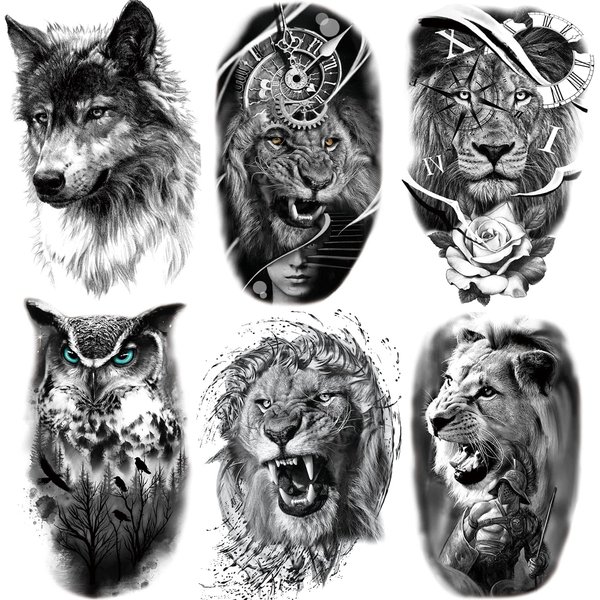 Kotbs 6 Sheets 3D Animal Temporary Tattoos for Women Men, Waterproof Fake Realistic Tatoos Cool Wolf Tiger Lion Pattern, Black Tattoo Stickers for Kids Teens Adults DIY